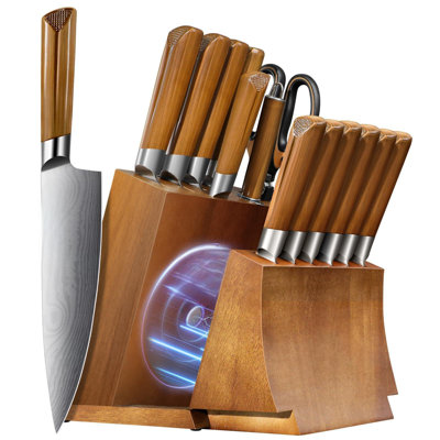 Kitchen Knife Sets With Block,Knife Sets With Magnetic Detachable Knife Holder, High Carbon Steel,15 Pieces (Brown)
