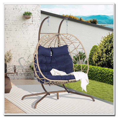 Double fauteuil à œufs suspendu avec support et coussins résistants aux rayons UV, bleu foncé