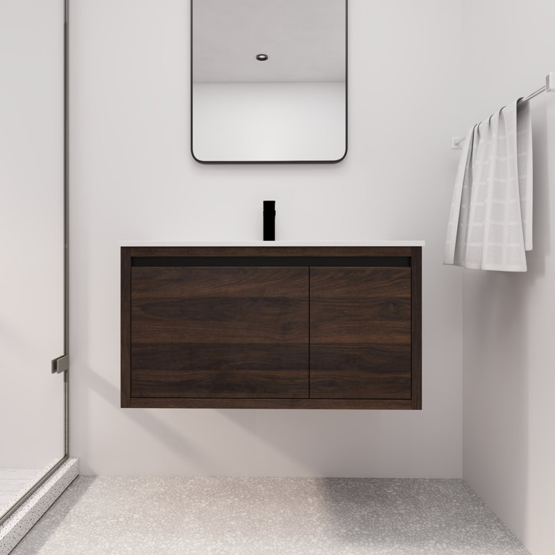 Ensemble de meuble-lavabo mural simple 36 po avec lavabo en résine, meuble-lavabo flottant avec porte et tiroir , Brun