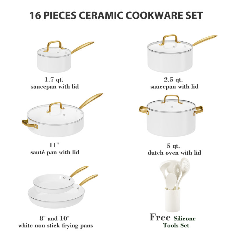 UKWF002 16 - Piece Non-Stick Ceramic Cookware Set, White
