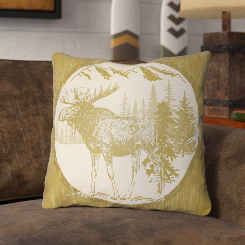 Lodge Cabin Moose Reversible Throw Pillow, 22" H x 22" W x 3" D, Mustard/Beige