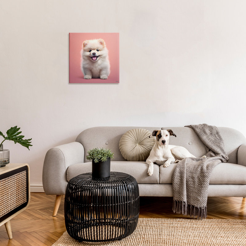 Chiot moelleux sur toile rose par RB, H 24 po x l 24 po