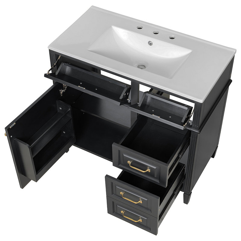 36-Inch Bathroom Vanity With Ceramic Sink Top, Solid Wood Frame And MDF Cabinet, Flip Drawer Design With Adjustable Shelf And Metal Handles, Freestanding Bathroom Storage Cabinet (Faucet Not Included)