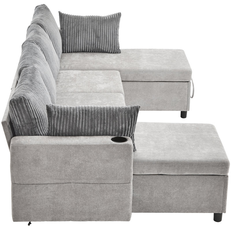 U-shaped Chenille Sofa Pull-out Sofa Bed with Large Storage Space, Grey