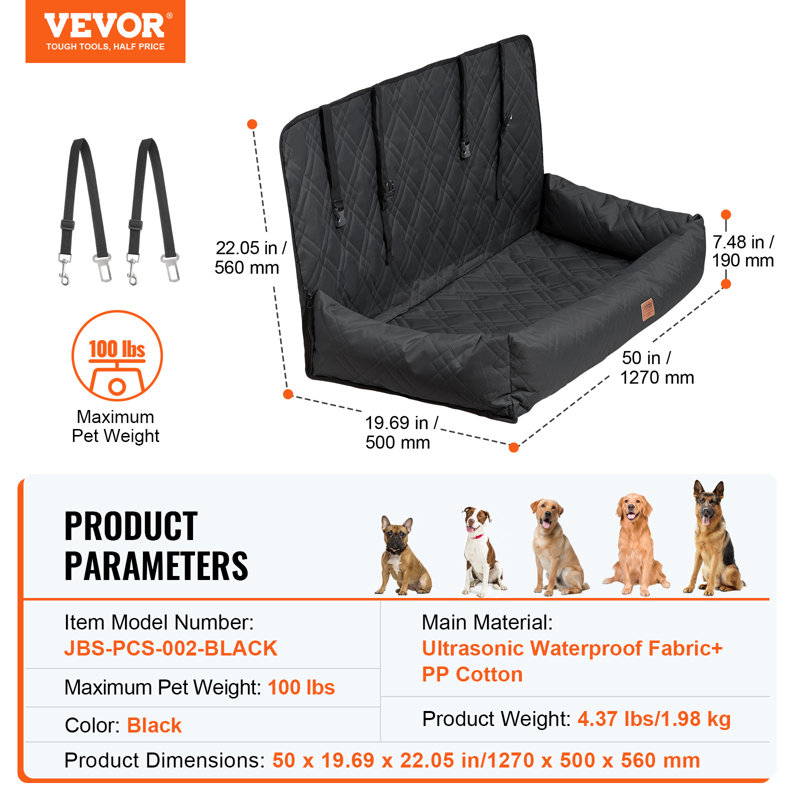 Black Waterproof Soft Sided Dog Car Seat with Safety Leash