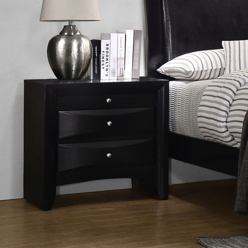 Table de chevet noire 2 pour chambre à coucher avec plateau coulissant, hauteur de 25,5 po, largeur de 26,51 po, profondeur de 16,41 po, panneau de particules de bois franc asiatique et placage, doublure en feutre doux dans les tiroirs de rangement avec pouces escamotables