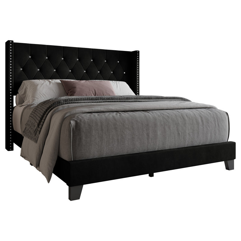 Elinah King Tufted Upholstered Wingback Panel Bed, Black, King