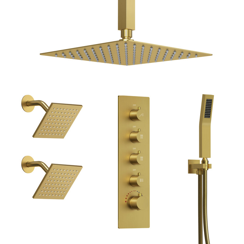  Thermostatic Shower System, Ceiling Mount 16" Rainfall Shower Faucet, 6" Wall Mount Dual Showerheads with Handheld Spray