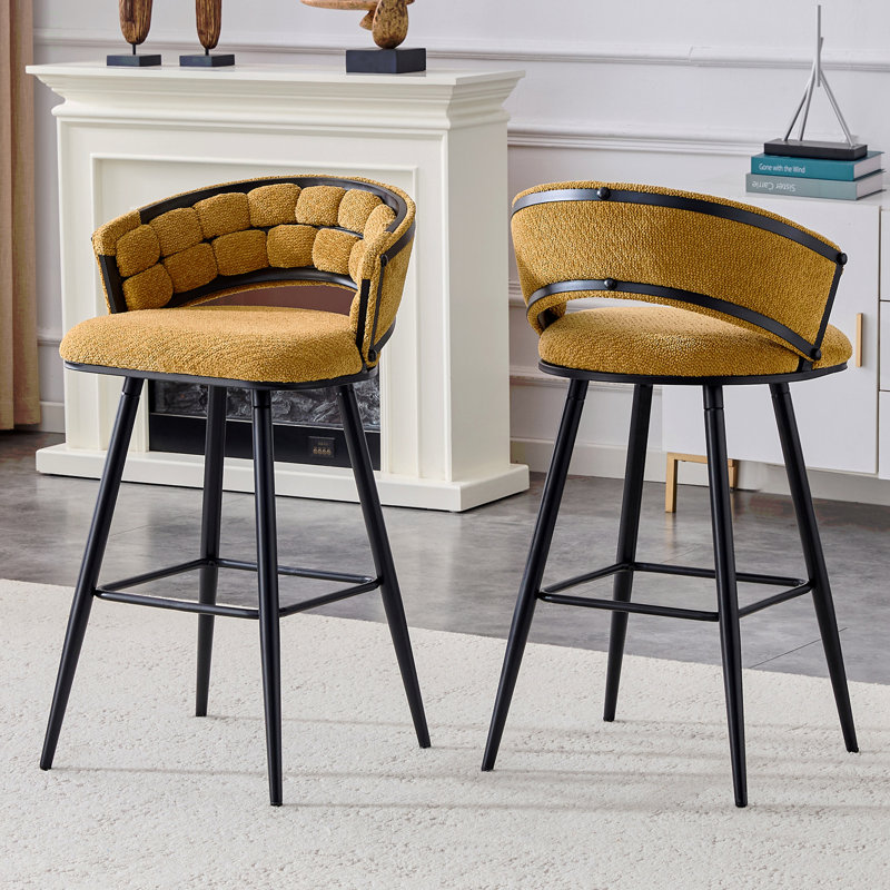 Set of 2 Yellow Chenille Bar Stools with Black Iron Legs, Modern Counter Height Stools for Home Bar