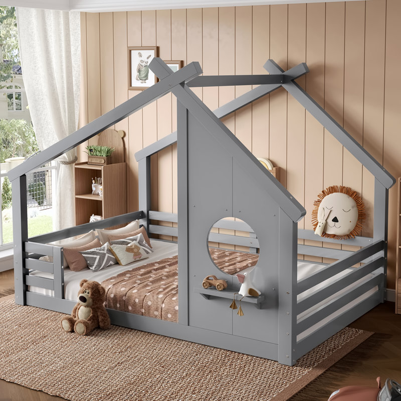 Solid Wood Kids House Floor Bed with Window & Shelf – Low-to-Ground Full Bed, No Box Spring Needed,Gray, Gray, Full