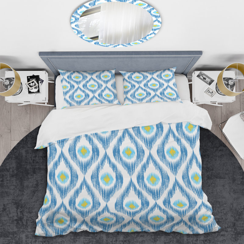 Green Ikat Ogee - Ensemble de housse de couette abstrait - Microfibre de polyester