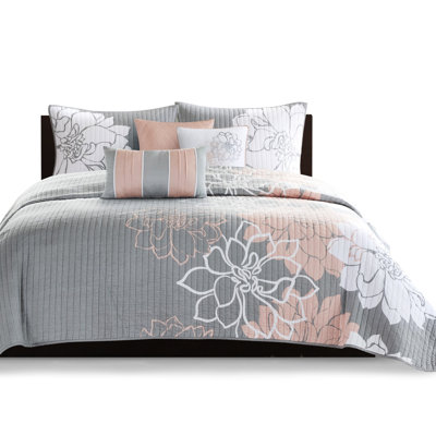 Courtepointe grise / pêche 6 pièces, double / grand, coton imprimé, chaleur réversible, floral, 3 pièces de coussins brodés en coton, gris / pêche, design, décoration élégante