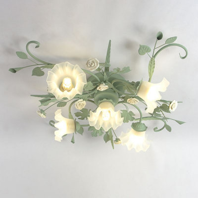 Green Bell Semi-Flush Mount Ceiling Light With White Glass Shade
