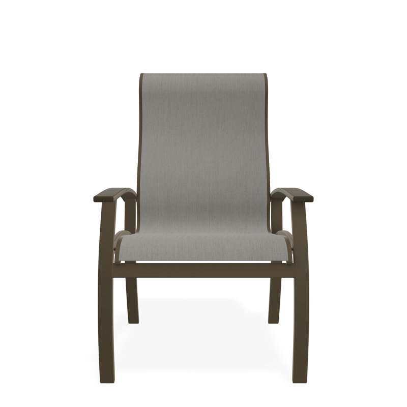 Belle Isle Sling Aluminum Frame Dining Height Supreme Arm Chair with Marine Grade Polymer Arm Accent, Beachwood