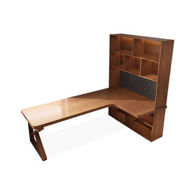 Bureau en coin en bois massif et bibliothèque intégrés