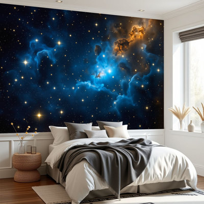 Wall Mural Peel and Stick Wallpaper Blue Starry Black Sky Modern Bright Stars Blue Nebula Clouds Dark Self-Adhesive Removable Contact Paper Wall Decor for Living Room Bedroom 69"H x 96"W
