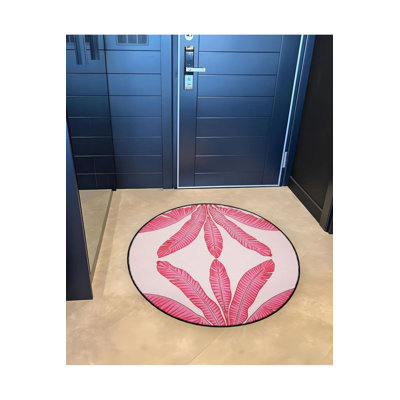 Powder Pink Tropical Leaves Patterned Round Woven Base Modern Decorative Carpet