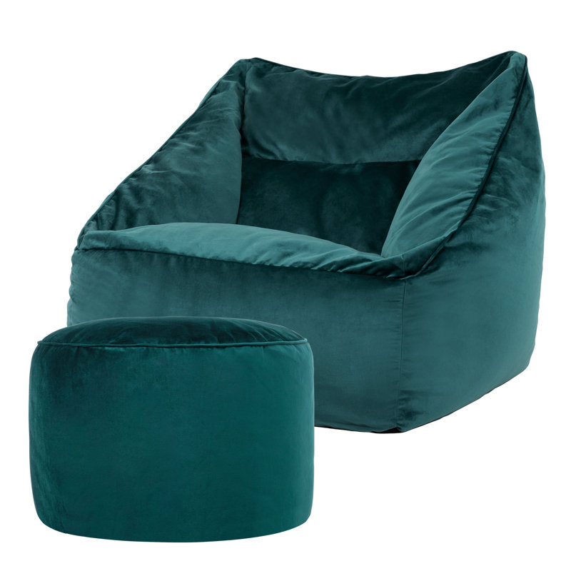Bean Bag Bazaar Natalia Velvet Armchair Bean Bag and Round Footstool, Teal Green