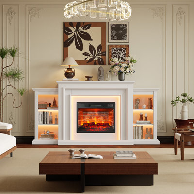 72-Inch Electric Fireplace TV Stand with Mantel and LED Flames – Fits Up to 80-Inch TVs, Storage Media Console with Remote Control