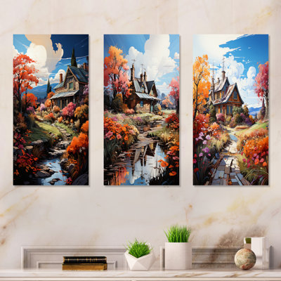 Fall Retreat Cottage Landscape I - Ensemble de salon mural 3 pièces