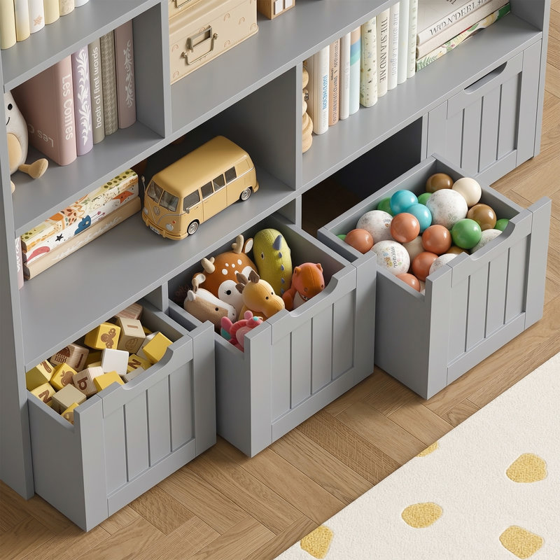 Bibliothèque pour enfants Kirklyn 125,4 cm (49,4 po) de largeur, meuble de rangement pour jouets à 7 compartiments avec 4 tiroirs et bords arrondis sécuritaires pour les enfants, gris