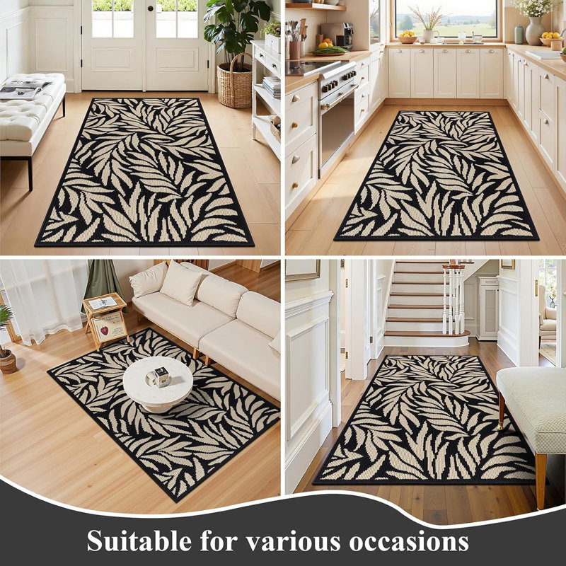 Paillasson Leaf, 36" W X 60" L, Beige/Black