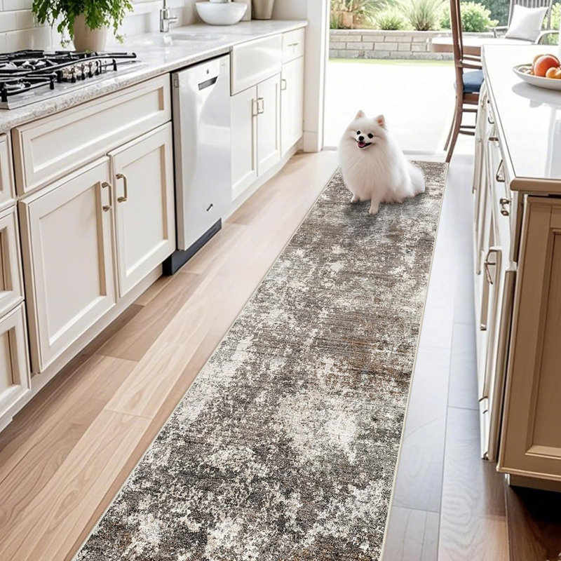 Long Hallway Rug – Non-Slip Washable Kitchen Floor Rug with Rubber Backing, Modern Low Pile Thin Wide Carpet for Bedroom, Entryway Indoor (Brown Beige)