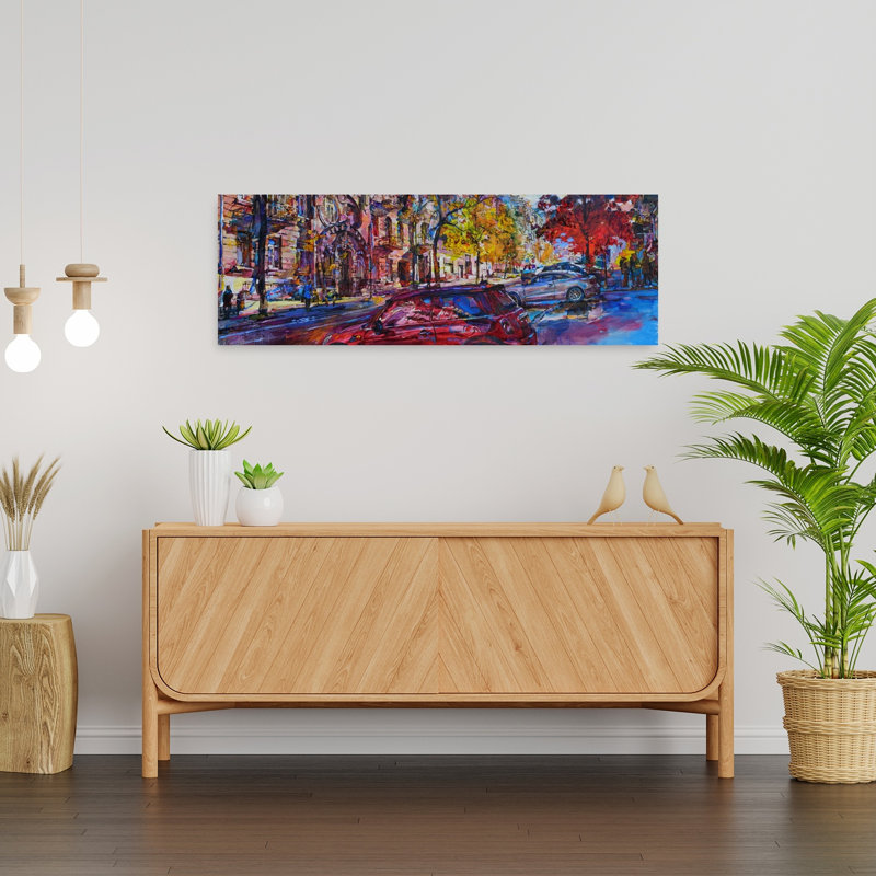 «Vibrant Autumn City Street», art abstrait coloré de l'architecture contemporaine de l'automne, H 36 po x l 12 po