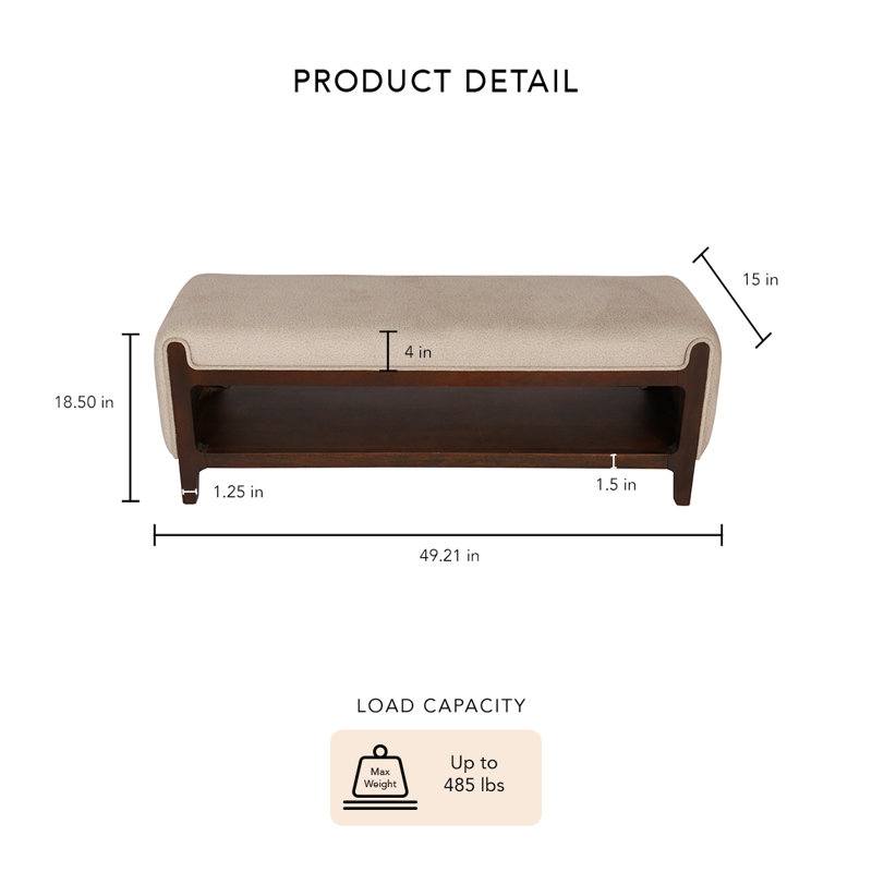 Noah Solid Wood Entryway Storage Bench with Upholstered Polyester Seat and Open Shelf, Walnut