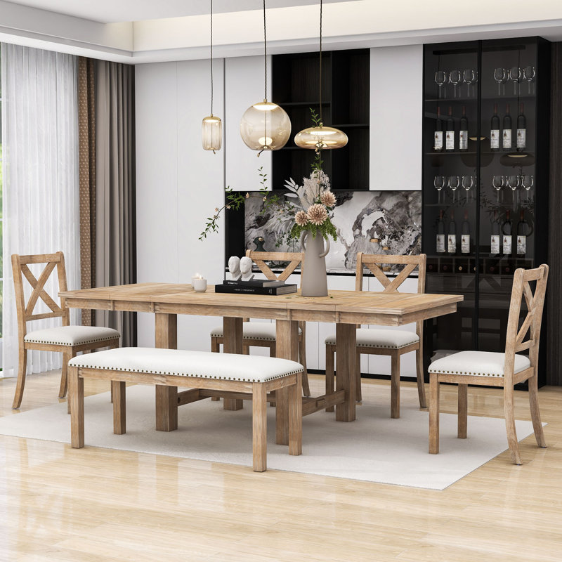 Chauntae 6 - Piece Extendable Trestle Dining Set, 4 Upholstered Dining Chairs and Bench, Natural