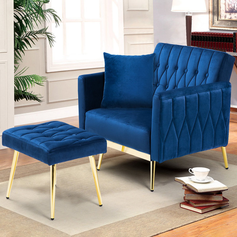 Siemon Velvet Accent Chair with Ottoman, Blue Velvet
