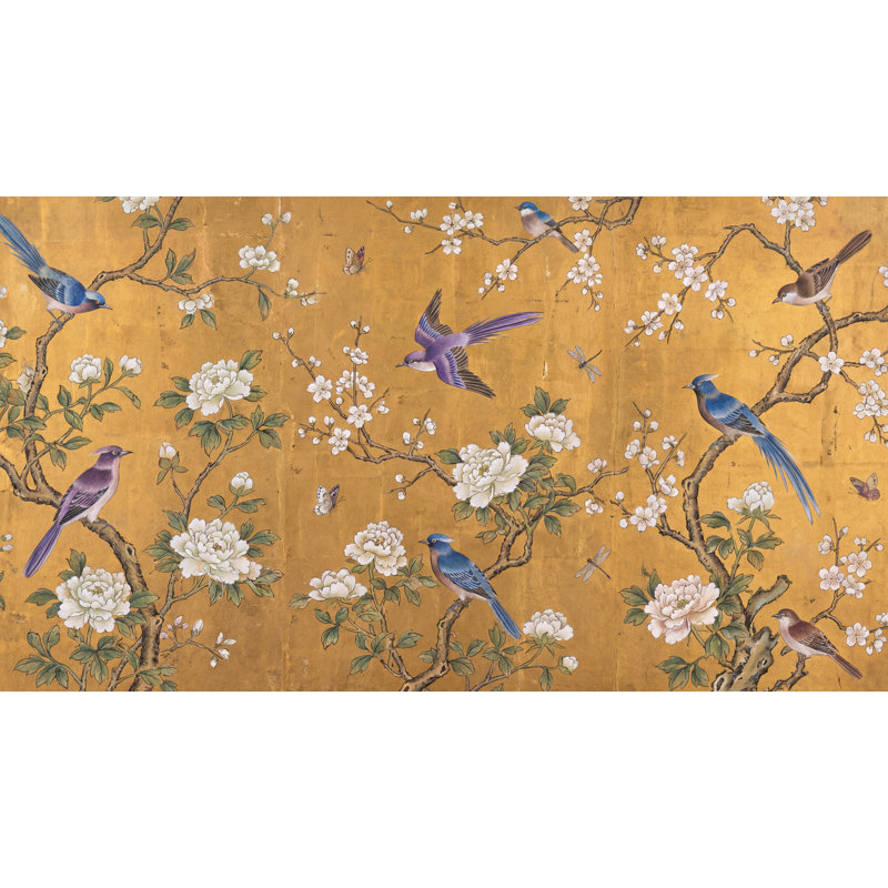 Papier peint oriental oiseaux chinoiserie, 140 po x 108 po, Peler et coller