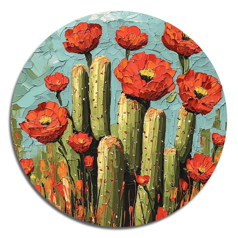 «Cactus and the Desert Blooms II - Cactus», décoration murale en métal traditionnelle rouge, H 23 po x l 23 po
