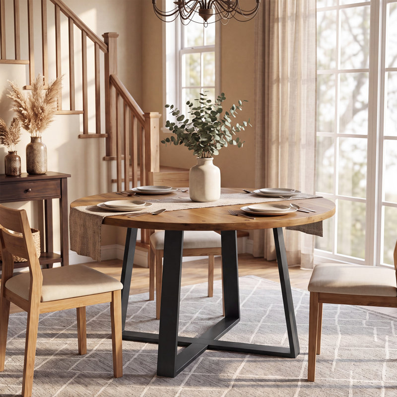 47 Inch Round Solid Wood Dining Table, Industrial Farmhouse Kitchen Table with Cross Metal Base for 4 People
