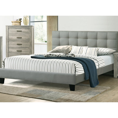 Lit Queen contemporain, tête de lit tapissier en polyfibre gris, lit taille moderne
