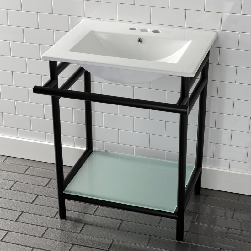Kingston Brass Sheridan 24-Inch Ceramic Console Sink with Stainless Steel Legs and Glass Shelf (3-Hole), 4" Centers