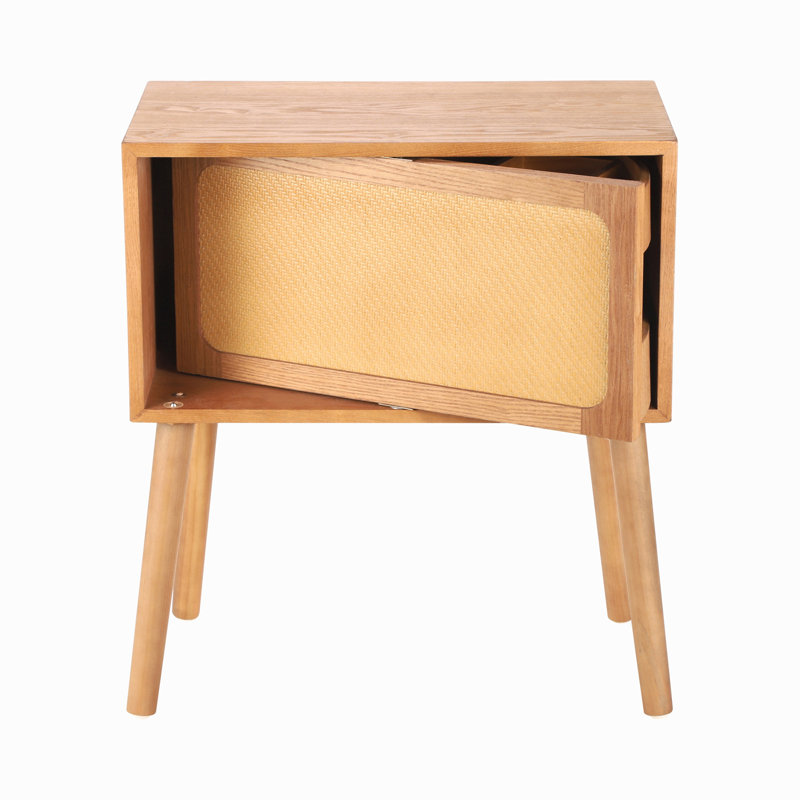 Furnary Mid-Century Modern Wood Nightstand With Hidden Compartments And Rattan Detailing, Natural, Set of 2