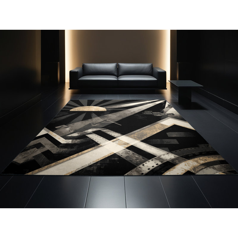 Machine Washable Entertainment & Pop Culture Old Hollywood Glamour Art Deco Geometric Shapes Rug in Black – Black Binding