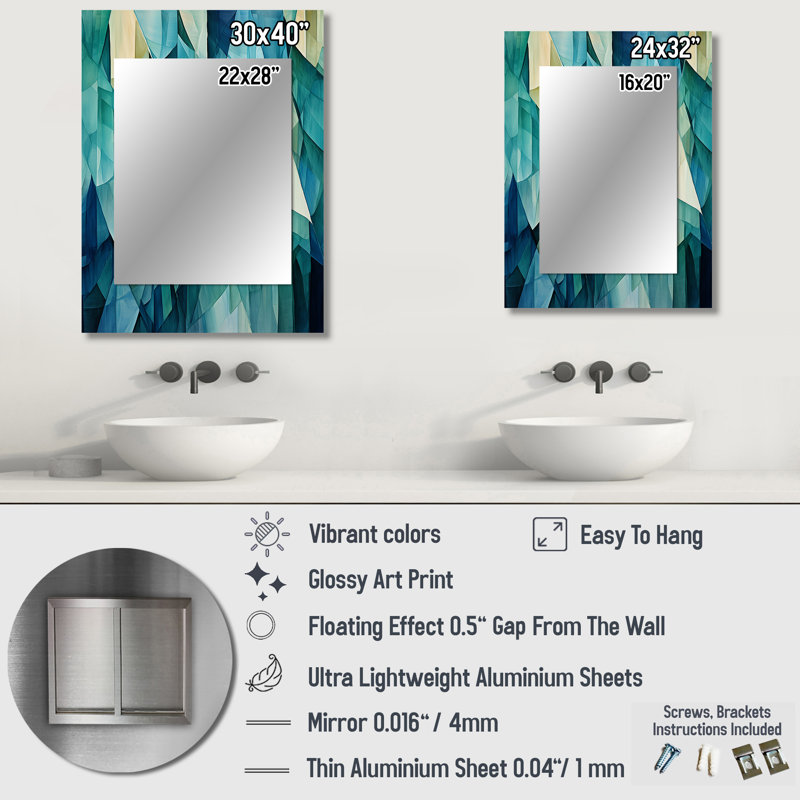 Tessellations bleu sarcelle - formes abstraites, miroir mural, miroir bleu, impression sur métal, 32 po x 24 po