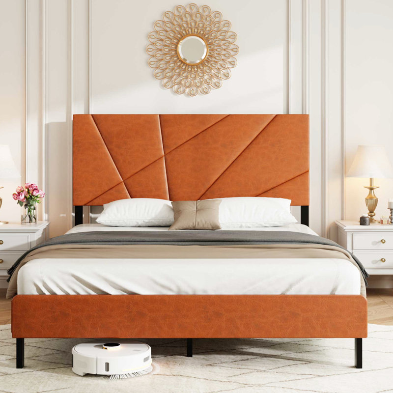 Cadre de lit plateforme rétro brun grand format, rembourré avec tête de lit, rangement inférieur, sans sommier, bonne gestion du poids, brun antique, métal et matériau, style moderne carré, à ressorts