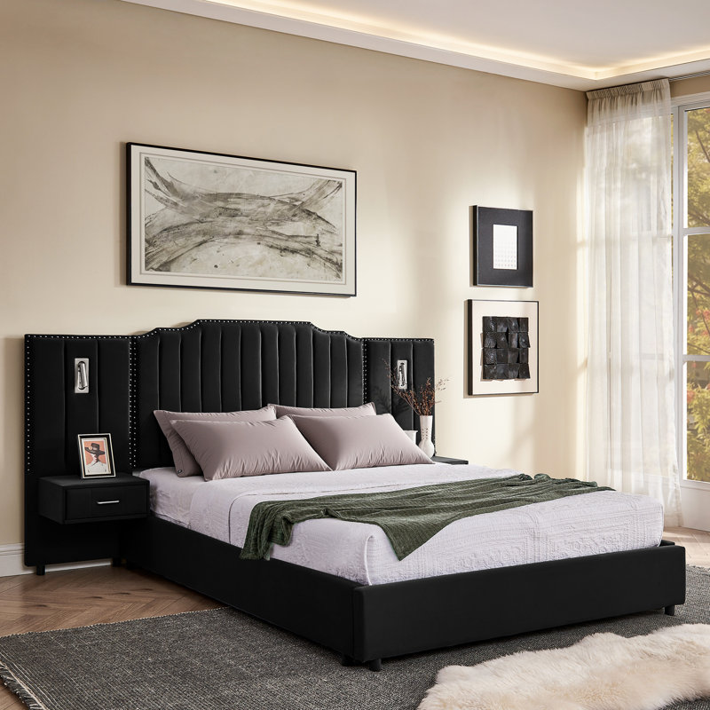 Structure de lit tapissier pour grand lit avec velours, rayures verticales, boutons et lampes de chevet réglables, Noir