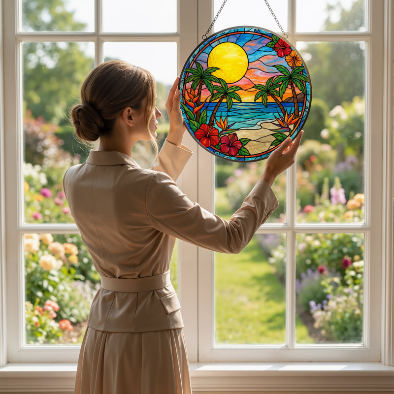 12"H Tropical Sunset Stained Glass Window Panel, 12" H x 12" W