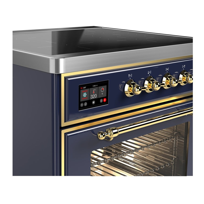 Cuisinière à induction ILVE Majestic III Series 30 po avec 4 éléments à induction (porte en verre), Bleu nuit, Laiton