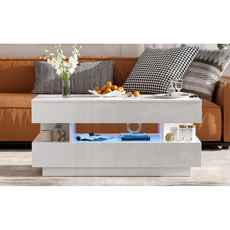 Table basse à plateau relevable avec tiroirs, Blanc