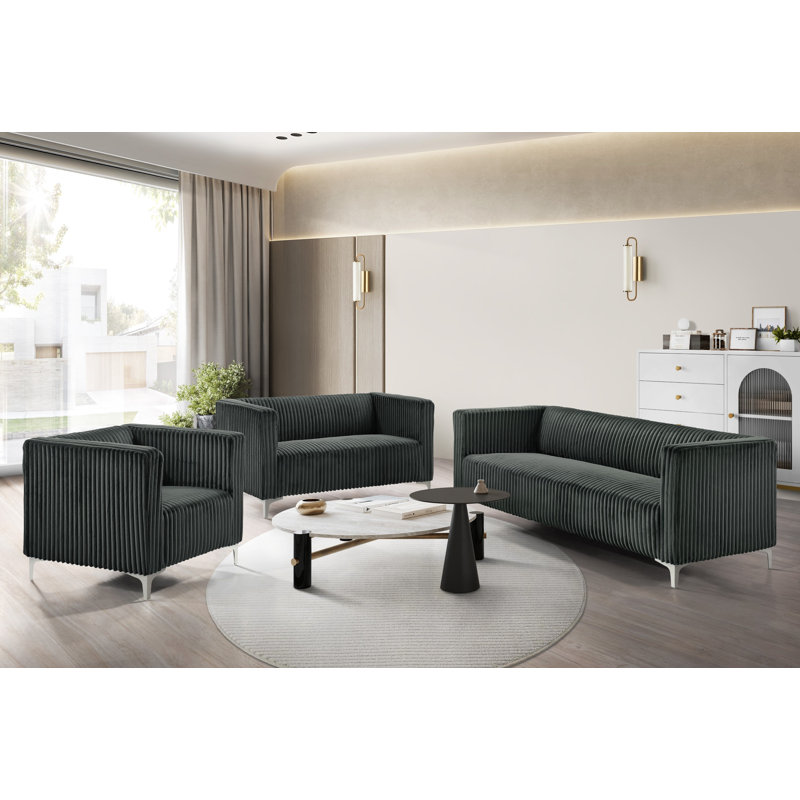 Ensemble de salon 3 pièces à accoudoirs carrés en velours avec chaise, causeuse et canapé Gavin, Gris
