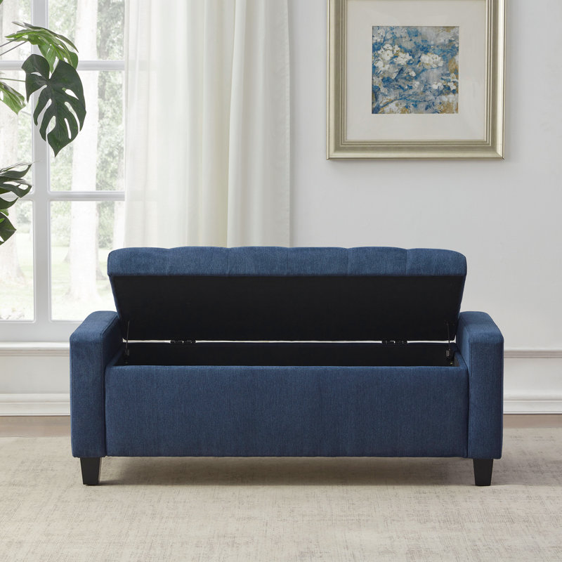 Banc de rangement rembourré en polyester 48,8 po, Bleu foncé