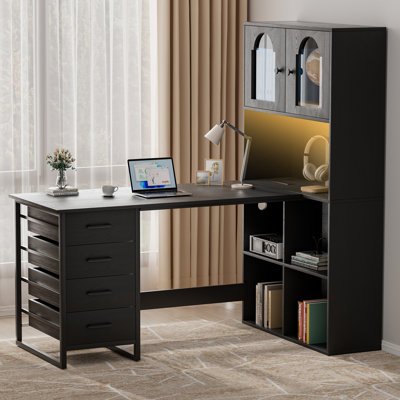 Black Computer Desk With Tall Bookshelf, L Shaped Desk With Drawers & Led Lights Power Outlets,Corner Desk With File Cabinet,Home Office Gaming Desk,52''X31.5''X'63''
