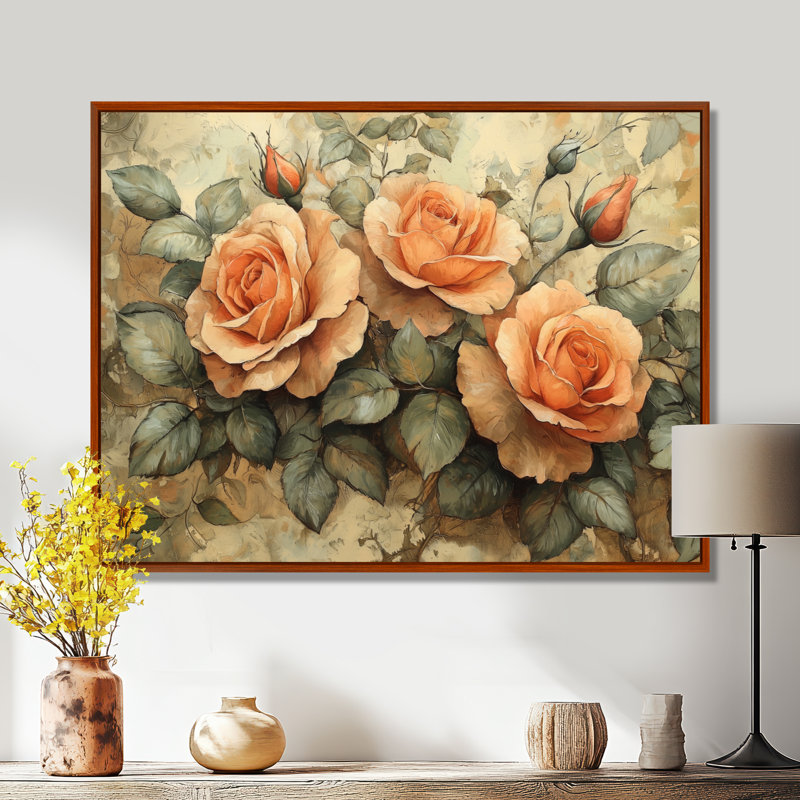 Roses, tons de terre, fleurs II, Brun, Impression encadrée flottante sans passe-partout, H 16 po x l 32 po