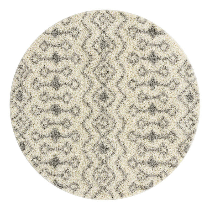 Tapis à poil long gris treillis Griego, Rond 6 pi 1 po