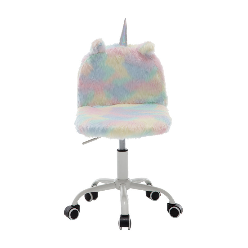 Archaimbaud Kids 17.3'' Unicorn Swivel Adjustable Height Kids Chair With 5 Wheels, Upholstered Faux Fur Activity Chair For Living Room